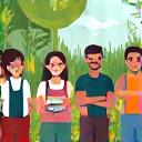 O comunitate diversă de localnici, de la tineri la vârstnici, participând activ la un workshop de grădinărit urban, învățând de la un specialist, într-un mediu verde și vibrant.
