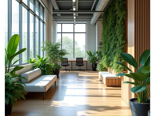 Spațiu de birouri modern, deschis, cu plante verzi, lumină naturală și zone de relaxare, sugerând un mediu de lucru sănătos.