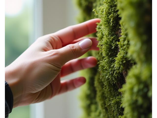 Mână care atinge o suprafață din piatră naturală sau lemn reciclat, simbolizând materiale sustenabile și contactul cu natura.