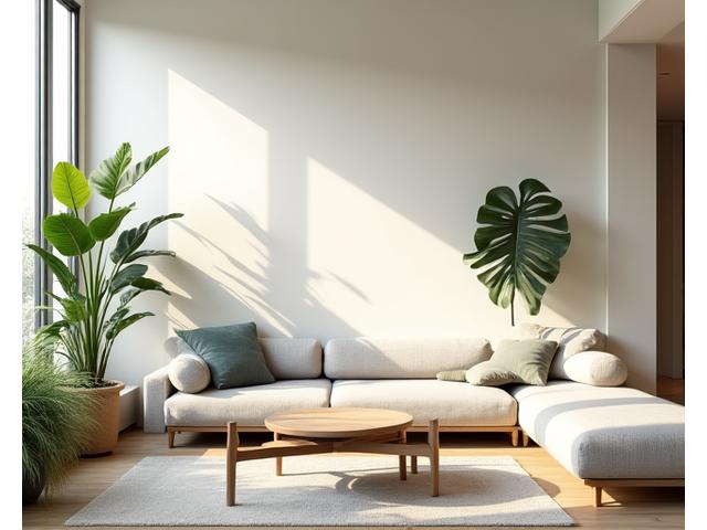 Interior elegant proiectat pentru un apartament rezidential cu elemente naturale și lumină abundentă.