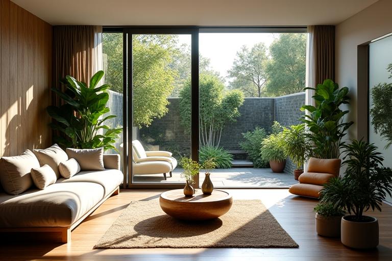 Interior living modern biophilic cu plante și lumină naturală în Cluj