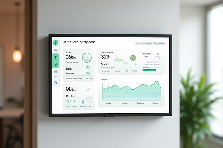 Interfață de dashboard digitală care afișează în timp real calitatea aerului, cu grafice pentru CO2, VOCs, și umiditate într-o cameră modernă.